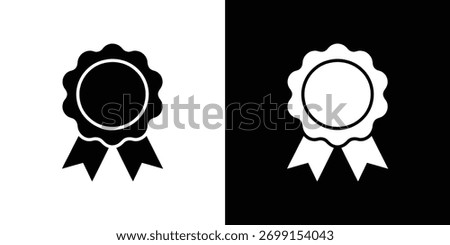 A rosette icon featuring a scalloped circle and ribbons in black and white variants. It has a clean, minimalist design for diverse applications.