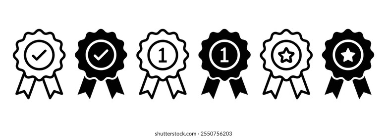 Rosette icon set with 1, tick, and star. Premium quality ribbon. First prize icon. Best, high, standard vector icon. Top quality product vector symbols.