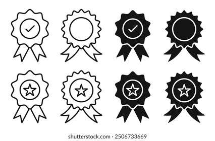 Rosette icon set featuring 1, tick, and star symbols. First prize icon with premium quality ribbon. Best, high standard, or top-quality product vector symbols