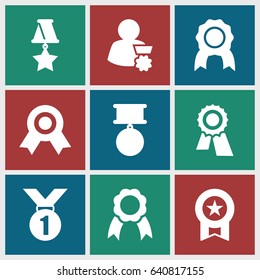 Rosette icons set. set of 9 rosette filled icons such as award, ribbon, medal