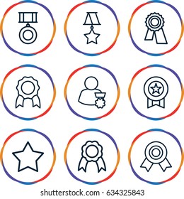 Rosette icons set. set of 9 rosette outline icons such as star, award, ribbon, medal