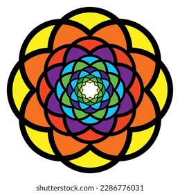 Rosette - an ornament based on a circle. Colorful round stained glass window. Floral motif in rainbow colors. Decorative graphics, vector drawing