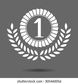 Rosette with ribbon, laurel, number 1, isolated on grey background. Vector clip-art.