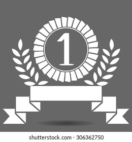 Rosette with ribbon, laurel, number 1, isolated on grey background. Vector clip-art.