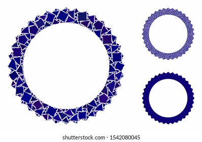 Rosette seal frame mosaic of abrupt pieces in various sizes and color hues, based on rosette seal frame icon. Vector ragged pieces are combined into mosaic.