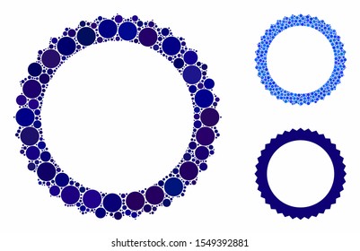 Rosette seal frame mosaic of small circles in variable sizes and color tones, based on rosette seal frame icon. Vector filled circles are grouped into blue collage.