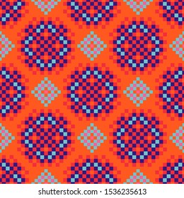 Rosette shapes folk seamless vector pattern orange texture. Geometric blocks bright background print for apparel and fabric.