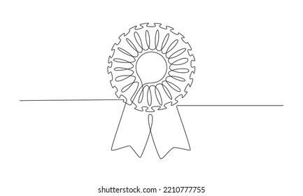 Rosette Stamp award badge with ribbon in one continuous line drawing. Premium quality product and high warranty concept or logo and divider in simple linear style. Doodle vector illustration