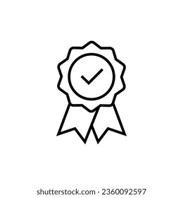 Rosette stamp icon. Simple outline style. Guarantee, warranty, certificate, medal with check mark, ribbon, quality concept. Thin line symbol. Vector isolated on white background. EPS.