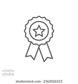 Rosette stamp icon. Simple outline style. Winner medal with star and ribbon, award, first place badge, best quality concept. Thin line symbol. Vector isolated on white background. Editable stroke EPS.