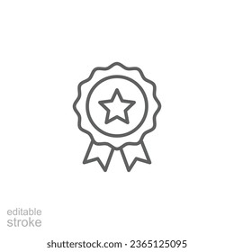 Rosette stamp icon. Simple outline style. Winner medal with star and ribbon, award, first place badge, best quality concept. Thin line symbol. Vector isolated on white background. Editable stroke EPS.