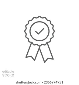 Rosette stamp icon. Simple outline style. Guarantee, warranty, certificate, medal with check mark, ribbon, quality concept. Thin line symbol. Vector isolated on white background. Editable stroke EPS.