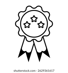Rosette stamp icon. Simple outline style. Winner medal with star and ribbon, award, first place badge, best quality concept. Thin line symbol. Vector isolated on white background. Editable stroke EPS.