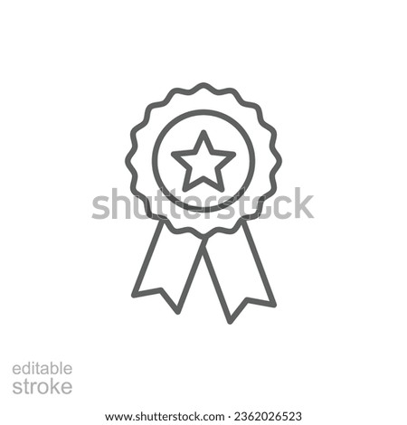 Rosette stamp icon. Simple outline style. Winner medal with star and ribbon, award, first place badge, best quality concept. Thin line symbol. Vector isolated on white background. Editable stroke EPS.