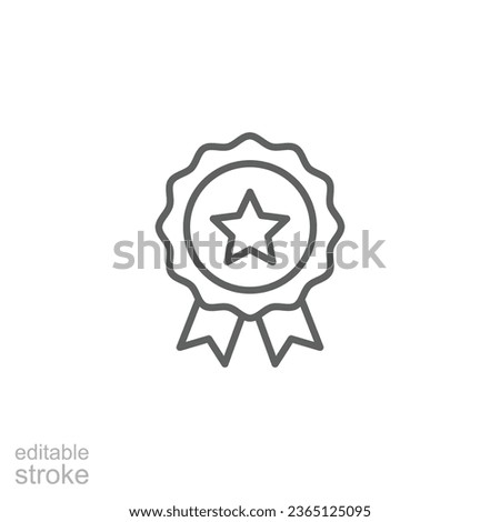 Rosette stamp icon. Simple outline style. Winner medal with star and ribbon, award, first place badge, best quality concept. Thin line symbol. Vector isolated on white background. Editable stroke EPS.