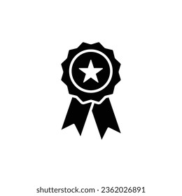 Rosette stamp icon. Simple solid style. Winner medal with star and ribbon, award, first place badge, best quality concept. Black silhouette, glyph symbol. Vector isolated on white background. EPS.