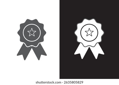 Rosette stamp icon. Simple solid style. Winner medal with star and ribbon, award, first place badge, best quality concept. Black silhouette, glyph symbol. Vector isolated on white background. EPS.