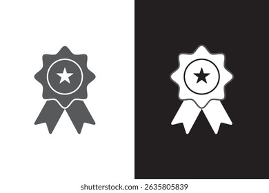 Rosette stamp icon. Simple solid style. Winner medal with star and ribbon, award, first place badge, best quality concept. Black silhouette, glyph symbol. Vector isolated on white background. EPS.