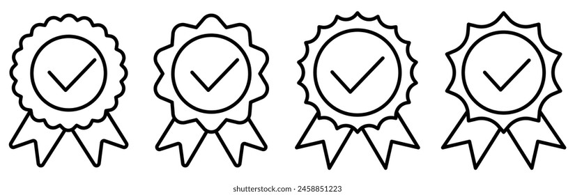 Rosette stamp line icon set. Linear award ribbon badge with checkmark tick collection. Medal with approve symbol group. Vector illustration isolated on white.