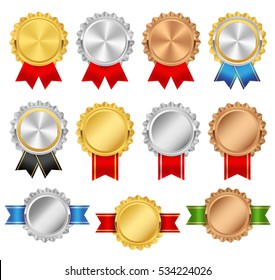 Rosettes with red, green, blue, black, glossy ribbons. Rosette premium vector set. Golden, silver, bronze trophy award collection. 