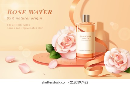 Rosewater toner cosmetic ad template. Cosmetic bottle on glass disk podium with pink rose flowers, petals and ribbon on beige background. 3D illustration.