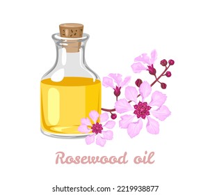 Rosewood essential oil in glass bottle and pink flowers. Floral vector cartoon illustration.