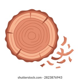 Rosewood log cross section with aromatic wood shavings and curved chips isolated on white.