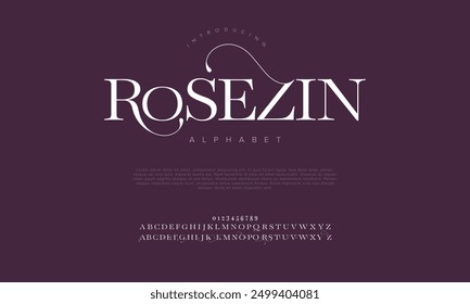 Rosezin swash letras elegantes de lujo del alfabeto y números. Antiguas tipografía de boda clásica serif fuente decorativa vintage retro. Ilustración vectorial creativa