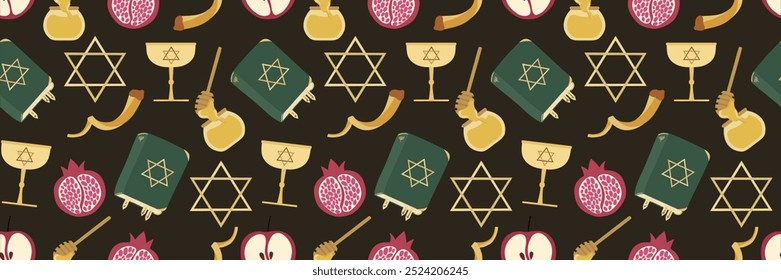 Rosh Hashana background. New year, seamless pattern with Jewish traditional symbols. Shofar, Torah, Star of David, wine, honey, apple and pomegranate.