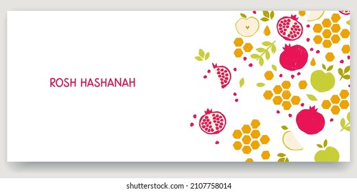 Rosh Hashana banner, apples and pomegranates with honeycombs, greeting card in trendy style. The symbol of the Jewish New Year