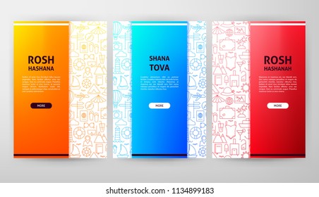 Rosh Hashana Brochure Web Design. Vector Illustration of Outline Banner.