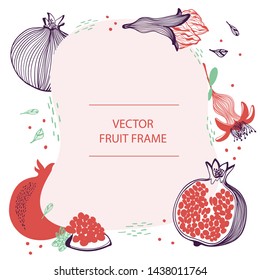 Rosh hashana card - Jewish New Year. Fruit pomegranate text frame hand drawn flat template. Vector design with botanical illustration of pomegranate. For business, posters, covers, web and flyer print