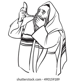 Rosh hashana card - Jewish New Year. 
Jewish man praying and blow the shofar. vector illustration