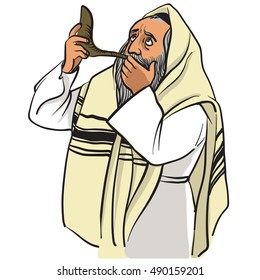 Rosh hashana card - Jewish New Year. 
Jewish man praying and blow the shofar. vector illustration