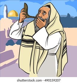 Tarjeta Rosh hashana - Año Nuevo judío. 
Hombre judío rezando y soplando el shofar. ilustración vectorial