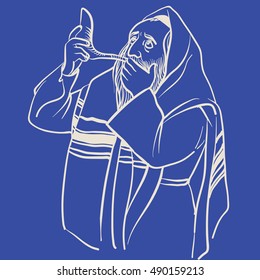 Rosh hashana card - Jewish New Year. 
Jewish man praying and blow the shofar. vector illustration