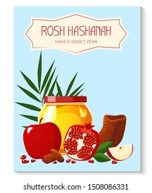 Rosh Hashana. Greeting banner with symbols of Jewish holiday Shana Tova. New year card with honey, apple, pomegranate, shofar, palm. Vector template.