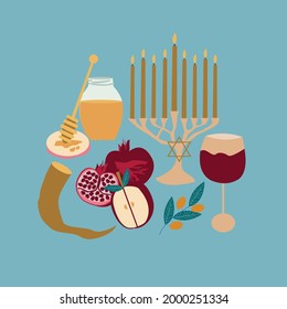 Rosh Hashana Greeting banner with symbols of Jewish New Year holiday blessing of Happy and sweet new year in Hebrew. Vector illustration template design