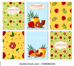 Rosh Hashana. Greeting banners with symbols of Jewish holiday Shana Tova. New year cards with honey, apple, pomegranate, shofar, carrot, palm.