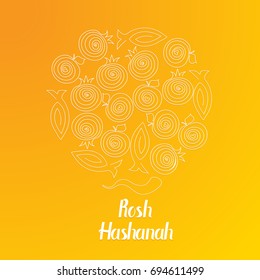 Rosh hashana greeting card with abstract apple, pomegranate and fish illustration. Modern design of a greeting card to the Jewish New Year in trendy colors. 