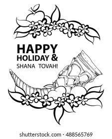 Rosh Hashana greeting card with apple,pomegranate,flowers and shofar (horn). Shana Tova vector illustration with hand drawn Jewish New Year traditional elements.Shana Tova translation-have a good year