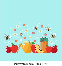 Rosh Hashana greeting card. Hebrew new year. Apples, pomegranates, honey, bees, flowers. Vector illustration.