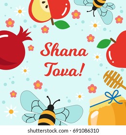 Rosh Hashana greeting card. Hebrew new year. Pomegranate, honey, apple, flowers, bees. Vector illustration.