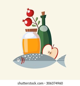 Rosh Hashana greeting card, invitation with honey, fish and fruit, vector illustration, flat design 