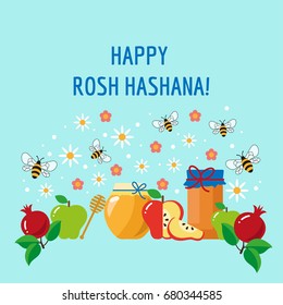 Rosh Hashana greeting card. Jewish new year vector illustration. 