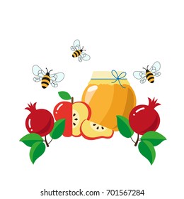 Rosh Hashana greeting card. Jewish new year. Traditional Rosh Hashana objects. Honey, pomegranate, apple, bee. Vector illustration.