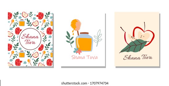 Rosh Hashana Greeting Cards with Hebrew New Year Symbols Vector Templates. Traditional Rosh Hashana Attributes Like Apple and Pomegranate