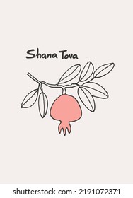 Rosh Hashana greeting vector background. Wishing Happy New Year in Hebrew. Hand-lettered text decorated with hand drawn pomegranate branch. Isolated on the white