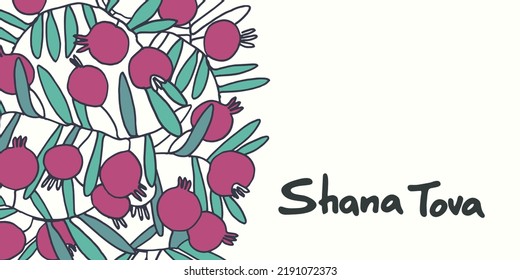 Rosh Hashana greeting vector background. Wishing Happy New Year in Hebrew. Hand-lettered text decorated with hand drawn pomegranate branch. Isolated on the white