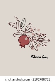 Rosh Hashana greeting vector background. Wishing Happy New Year in Hebrew. Hand-lettered text decorated with hand drawn pomegranate branch. Isolated on the white